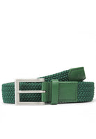 Green elastic woven belt with silver metal buckle and stitched leather-look keeper