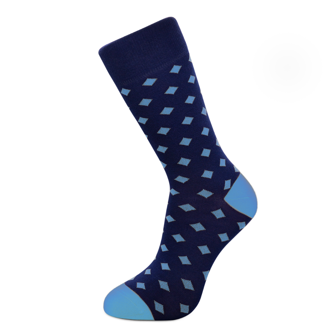 Single navy bamboo sock with geometric pattern and light blue toe/heel