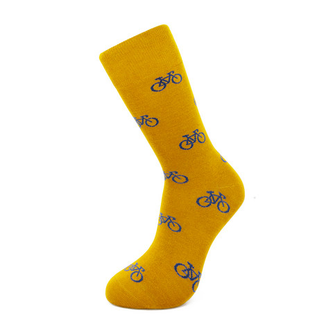 Chaussettes vélos jaune moutarde et bleu