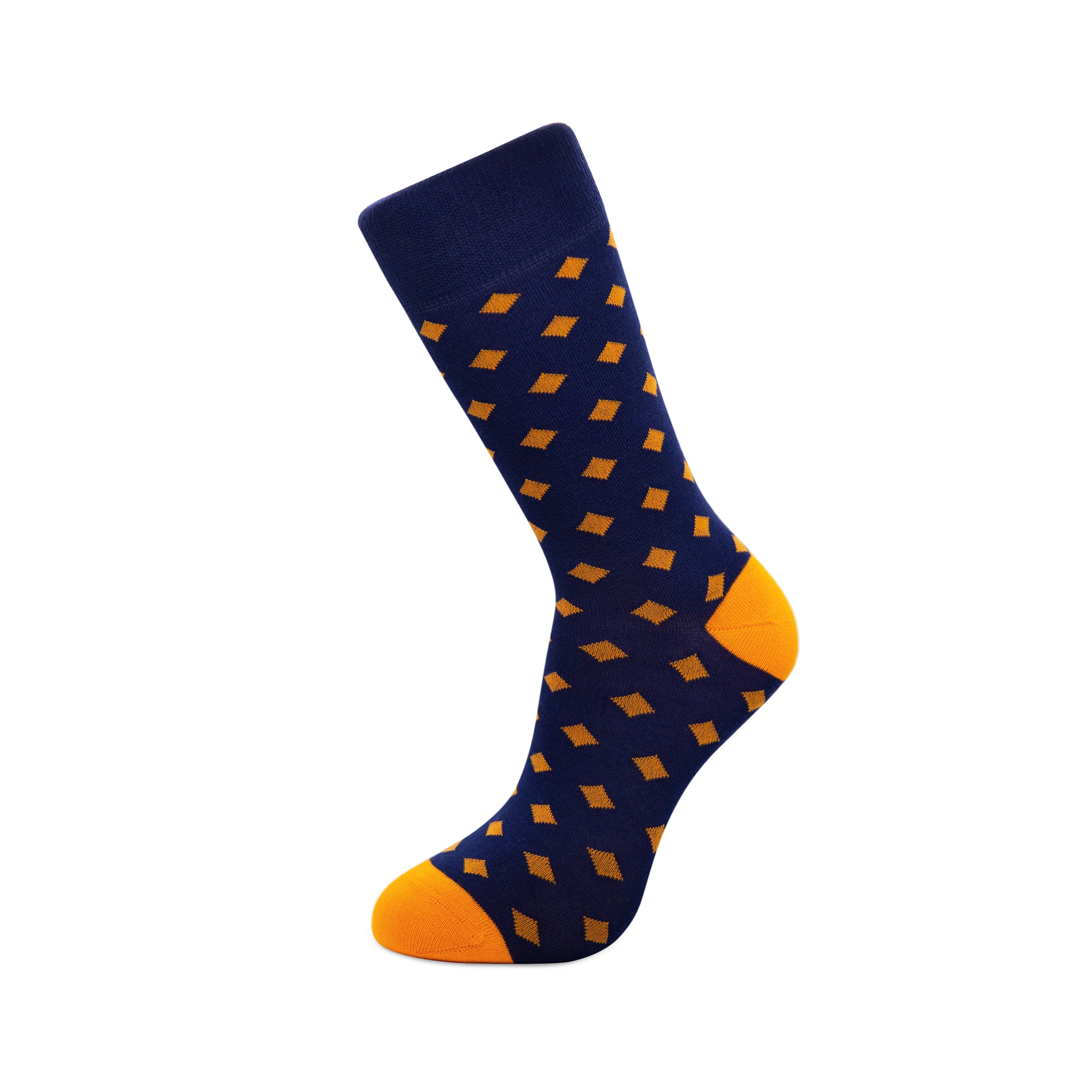 Navy crew socks with orange geometric diamond pattern and visible toe