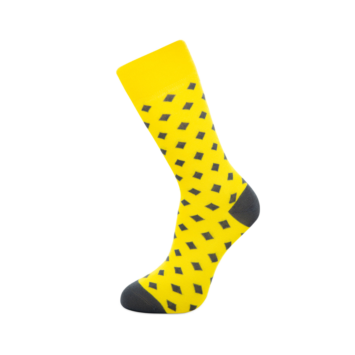 Yellow crew socks with dark geometric diamond pattern